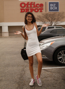 Hot latin chick Ushna Malik appeared in the street and in the store dressed in sexy petite see-through white mini dress